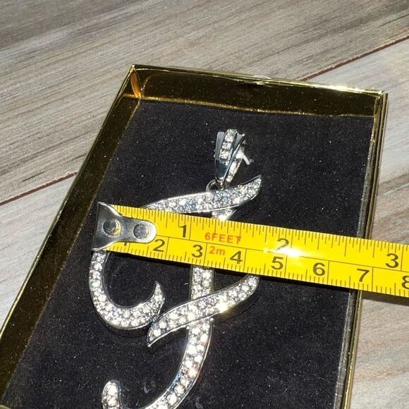 Letter F Paved Hip Hop Ice Pendant Flooded Out Silver Tone Iced Simulated Script - Picture 3 of 6